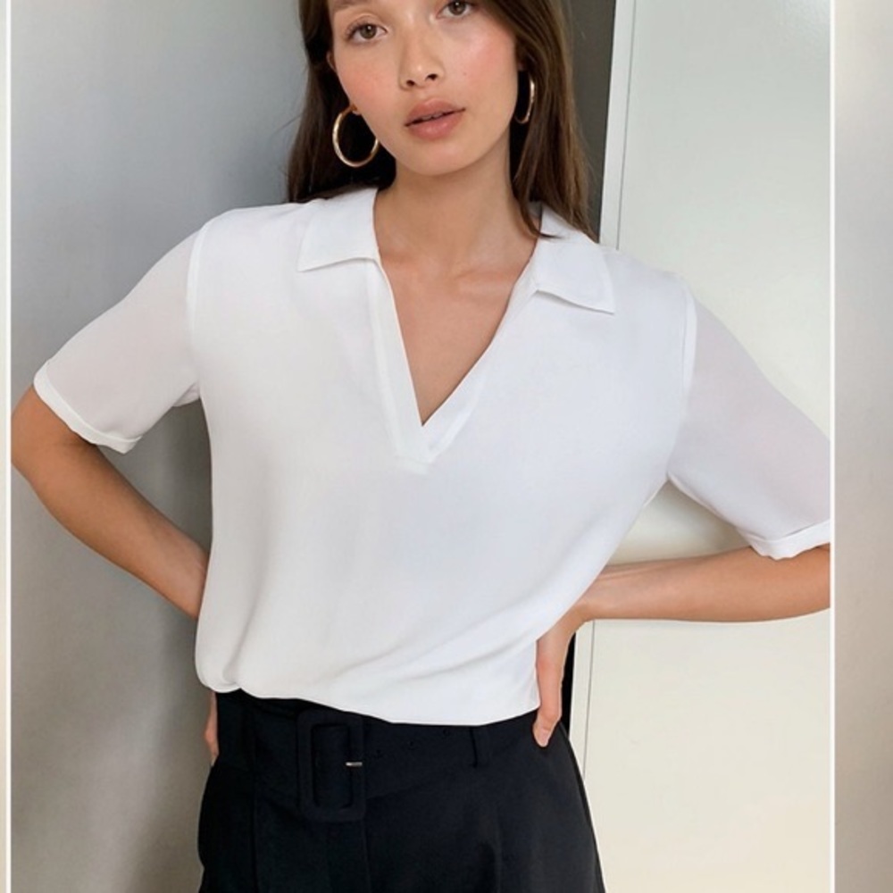 Aritzia White V-Neck Polo Blouse
